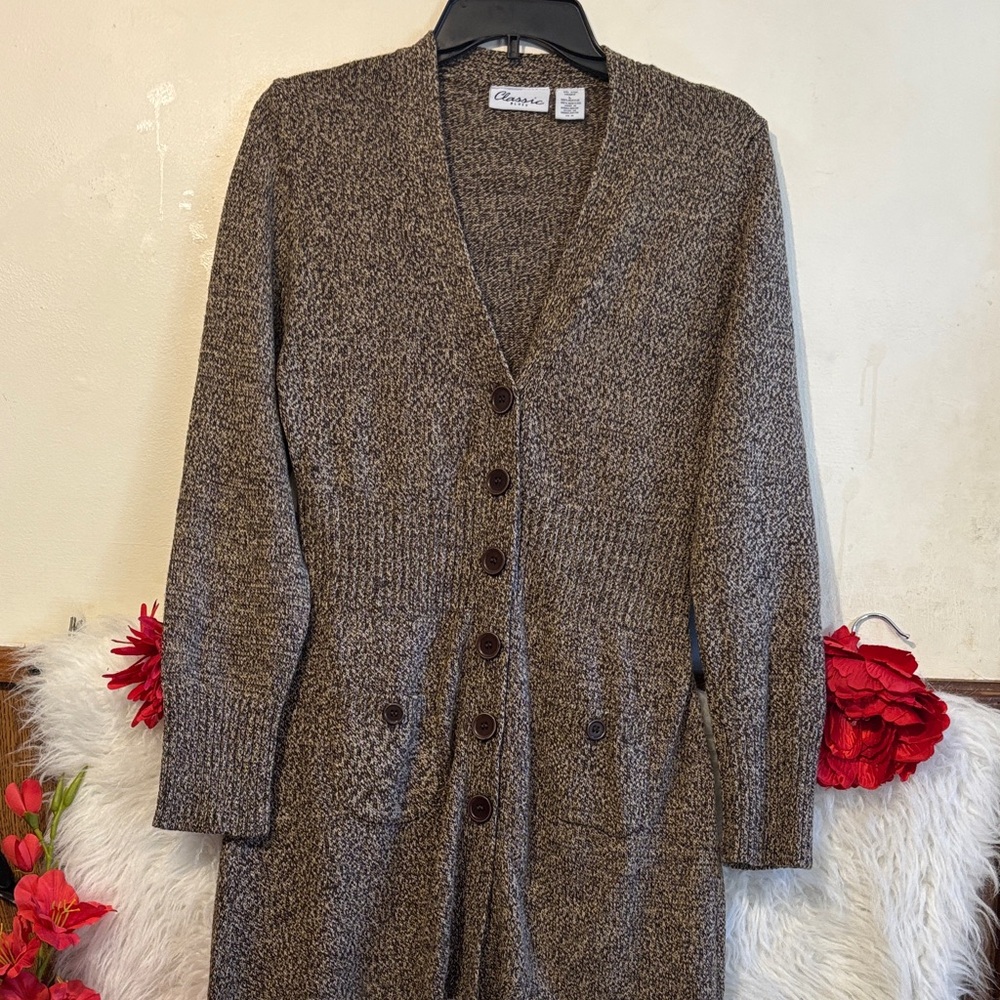 Classic Marled Taupe Button-Front Sweater Cardigan